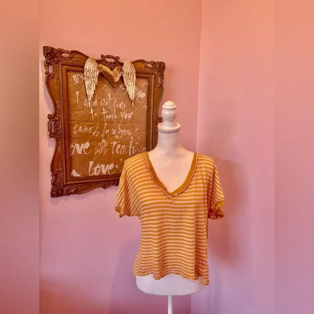 We The Free Yellow and Pink Striped V-Neck Oversized Short Sleeve Top